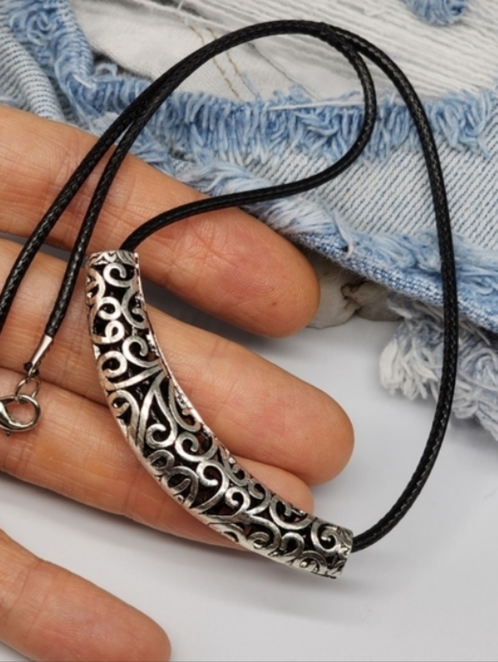 ❤️ Minimalist Necklace Lace-up Silver Filigree Bar Simple Black Cord Boho